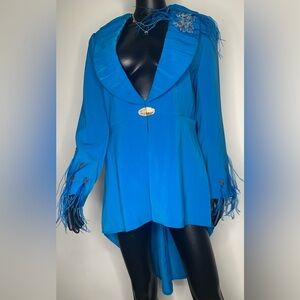 Blue Women's Draped Collar Feather-Trim Tuxedo Jacket